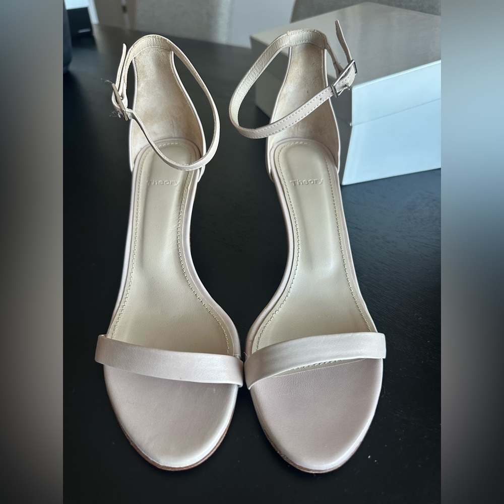 Theory nude / blush leather ankle-strap heel sandals.